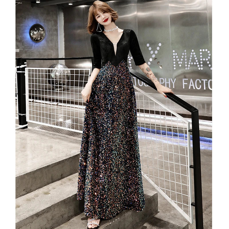 Babs Evening Gown Black Velour Sequins Patchwork V-Neck Evening Dresses Half Sleeve Zipper Plus Size Women Party Formal Dress K324