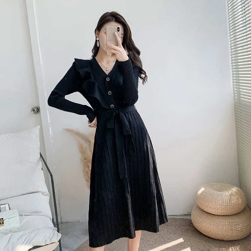 Gacy Women Sweater Dress Winter V-Neck Long Knit Long Sleeves Elastic Pleated Knitted Warm Vestidos