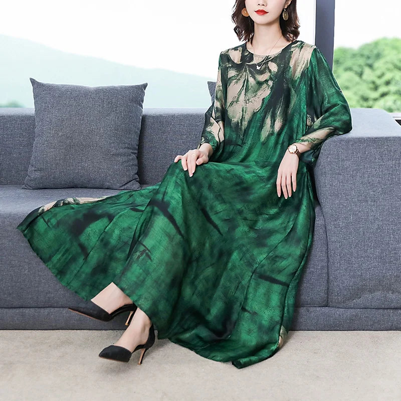 Maxy 2024 Loose Casual Print Mulberry Silk Dress Spring Summer Vintage 4XL Plus Size Dress Elegant Women Bodycon Party dress