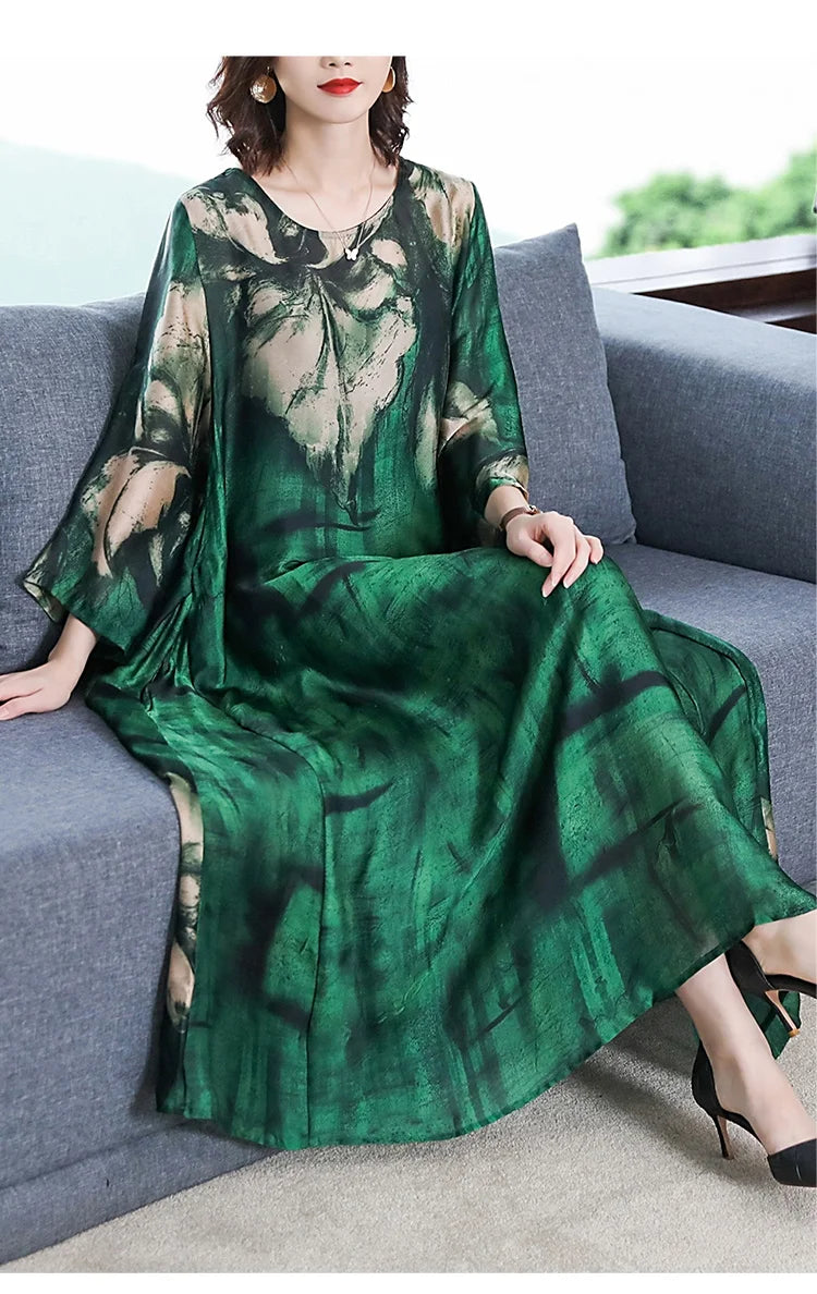 Maxy 2024 Loose Casual Print Mulberry Silk Dress Spring Summer Vintage 4XL Plus Size Dress Elegant Women Bodycon Party dress