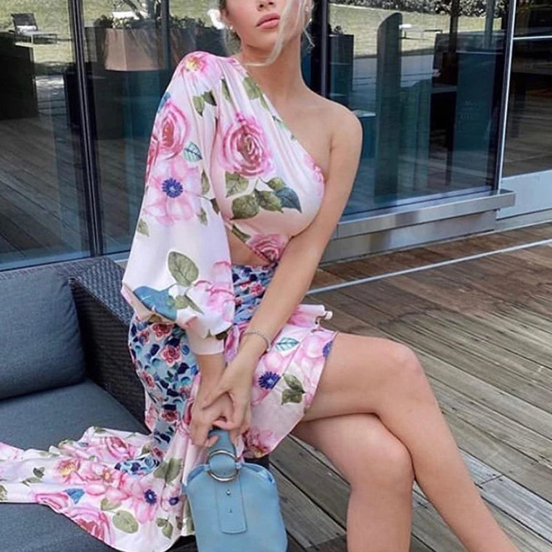Maxy Floral Print Ruffle Skirt and Top Two Piece Set Elegant Women Summer Skirt Matching Suit Office Lady Chic Trumpet Skirt Outfits