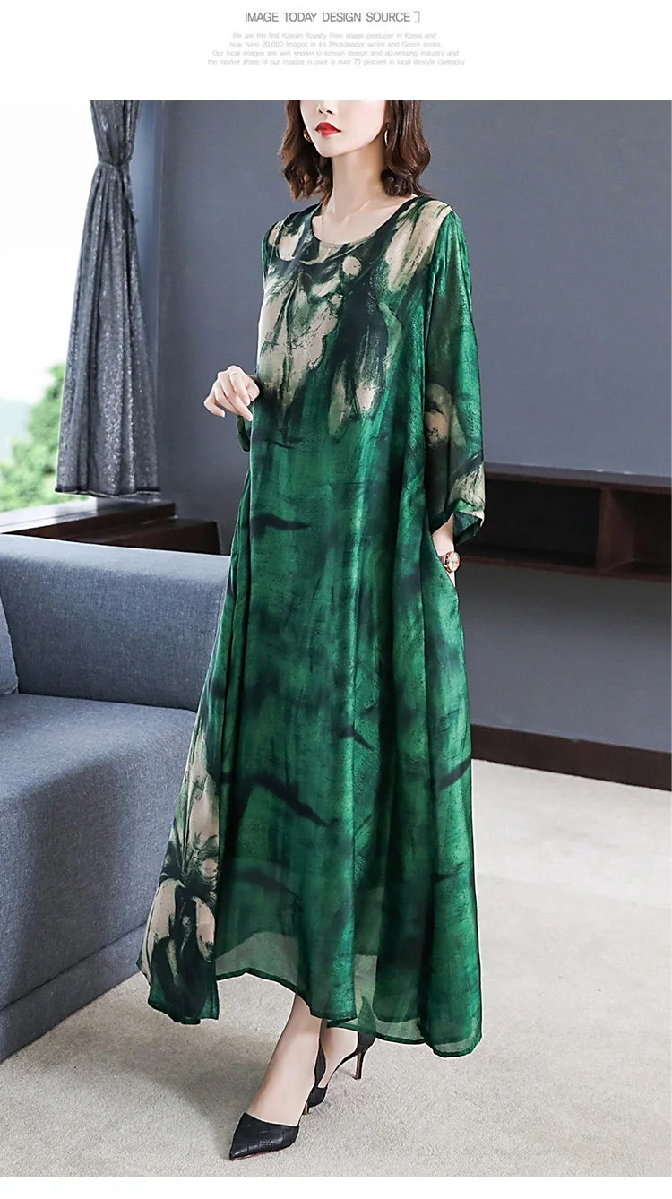 Maxy 2024 Loose Casual Print Mulberry Silk Dress Spring Summer Vintage 4XL Plus Size Dress Elegant Women Bodycon Party dress