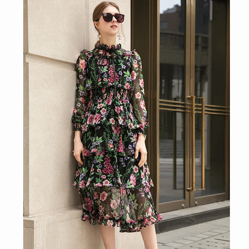 Babs Spring Summer Elegant Silk Dresses for Women Long Sleeve Floral Dress Korean Fashion Clothes Vestidos Pph4204