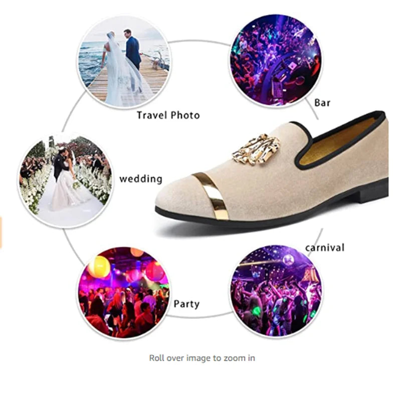 Visco Men Party Dinner Formal Shoes Fashion Gentleman Wedding Dress Shoes for Men Casual Shoes Beige Velvet Loafers