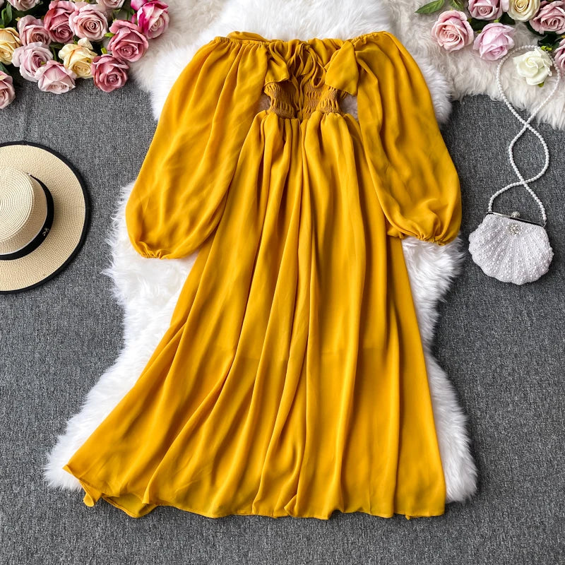 Babs Women Slash Neck Long Sleeve Midi Dress Female Yellow/Red/Pink High Waist Ruffle Big Swing Chiffon Robe Fashion New