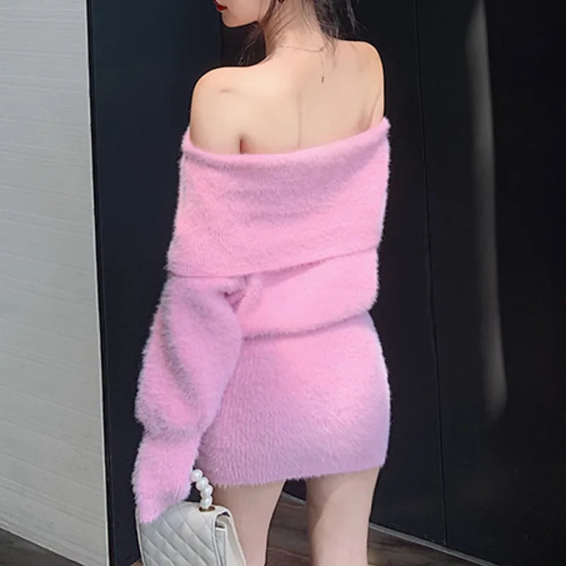 Babs New Sweater Dress Women Pullover Solid Color Korean Fashion Sexy Off Shoulder Bodycon Mini Robe Femme