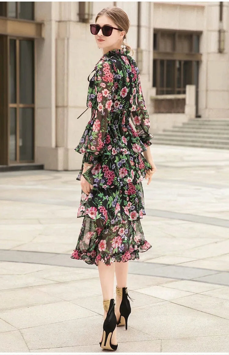 Babs Spring Summer Elegant Silk Dresses for Women Long Sleeve Floral Dress Korean Fashion Clothes Vestidos Pph4204