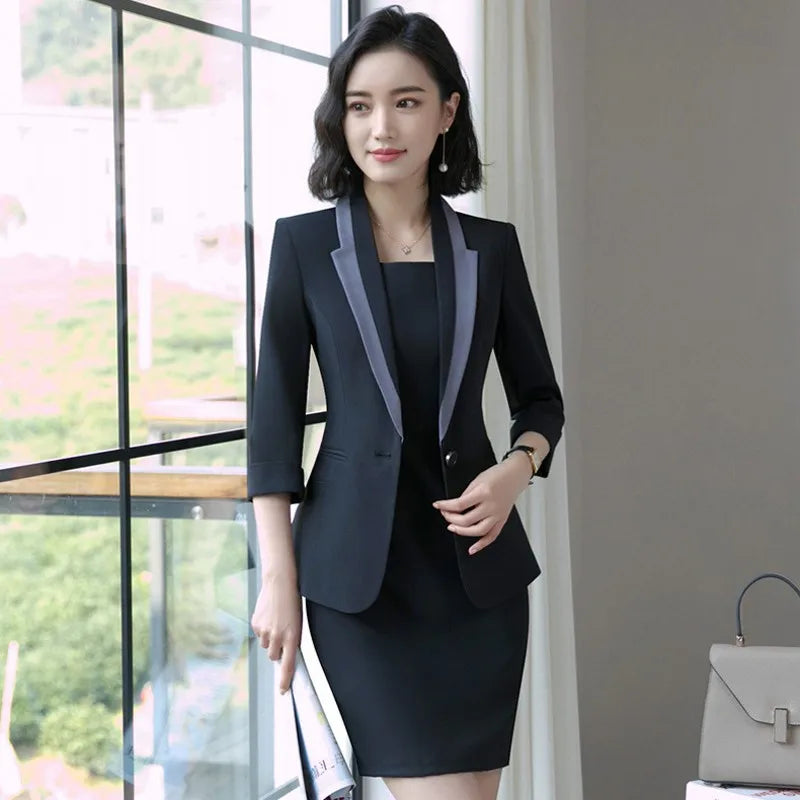 Babs Hot Sale Korean Slim Fit Half Sleeve Blazer Coat Sleeveless Dress 2 Pieces Set Business Office Lady Suits Plus Size S-4XL