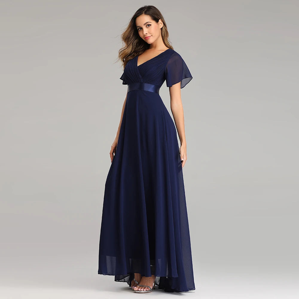 Maxy Evening Dresses XUCTHHC Elegant V-Neck Ruffles Chiffon Formal Evening Gown Robe Dress for Wedding Party