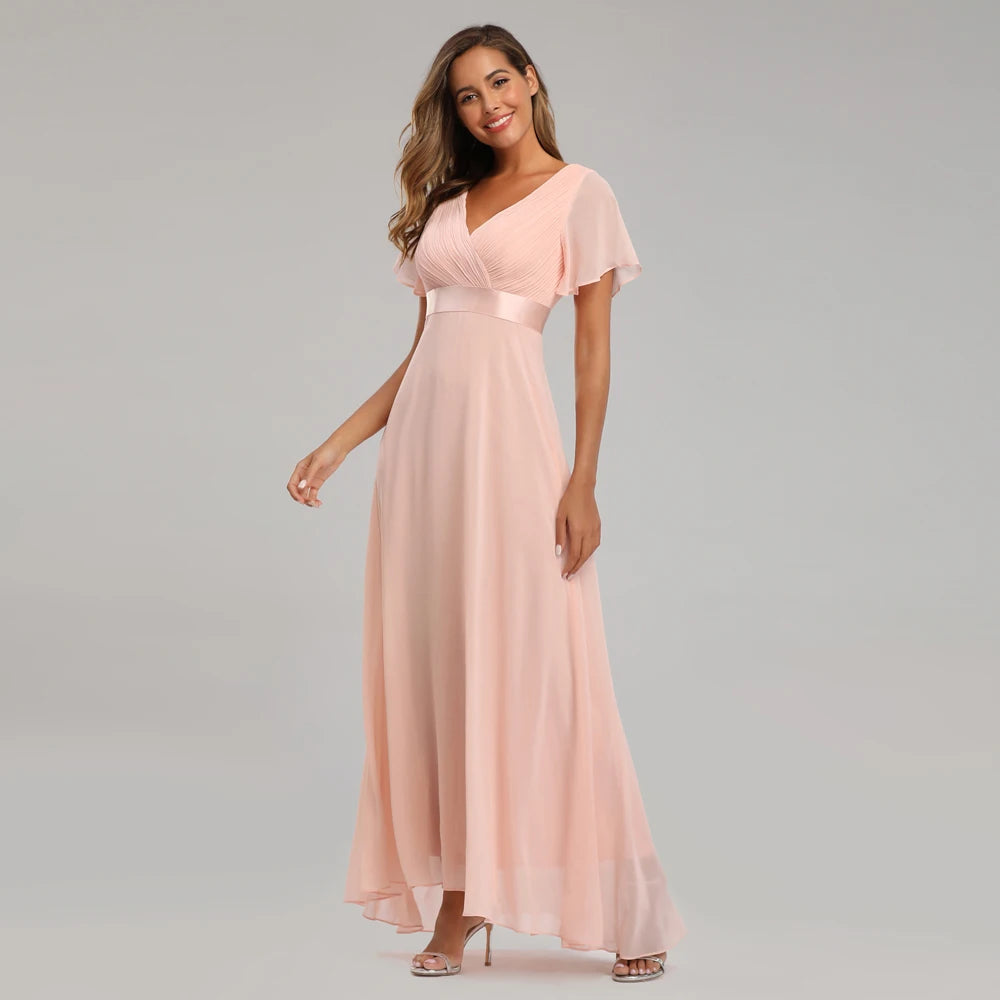 Maxy Evening Dresses XUCTHHC Elegant V-Neck Ruffles Chiffon Formal Evening Gown Robe Dress for Wedding Party