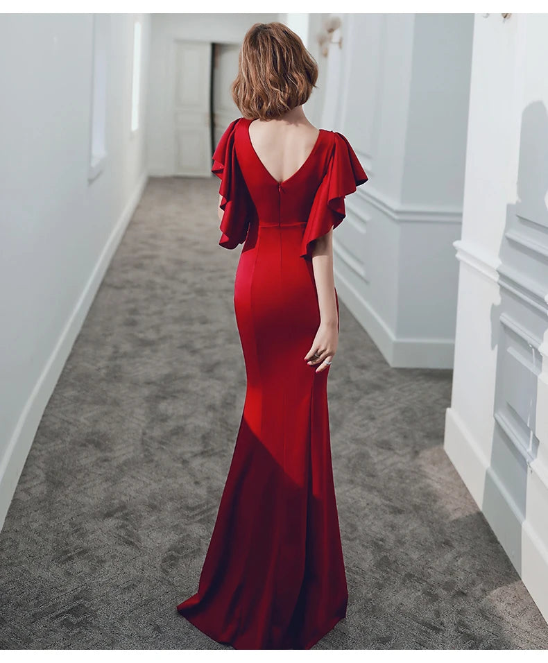 Momsey Burgundy Babs Party Dress Women V Neck Elegant Slim Mermaid Dresses Beading Floor Length Engagement Gowns Formal Fishtail Dress