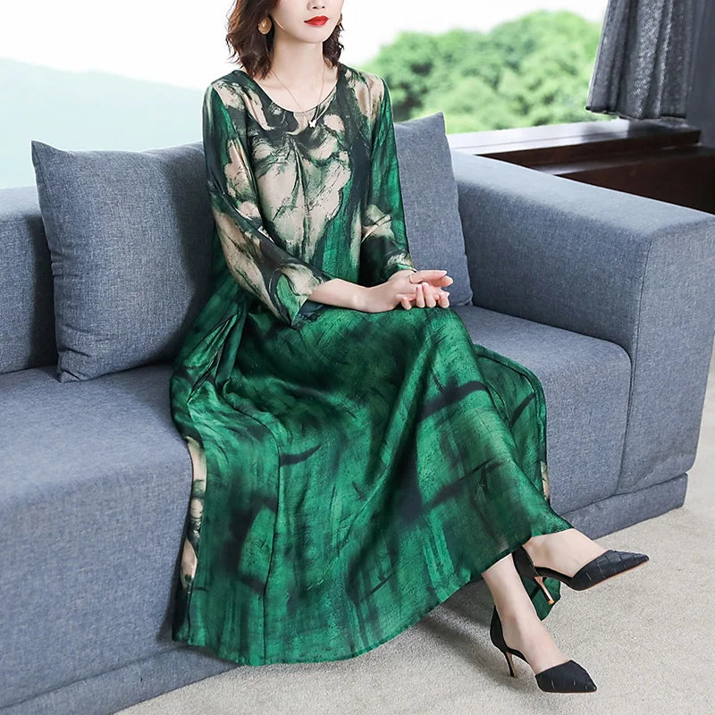 Maxy 2024 Loose Casual Print Mulberry Silk Dress Spring Summer Vintage 4XL Plus Size Dress Elegant Women Bodycon Party dress