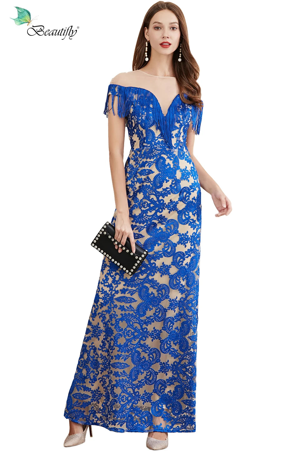 Macy New Elegant Lace Black Blue & Silver Gray Fashion Blue Tassels Dress Prom Party Women's Long-Length Evening Dresses