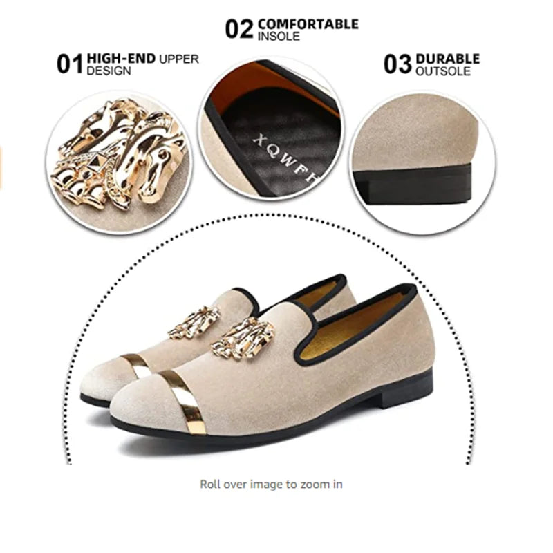 Visco Men Party Dinner Formal Shoes Fashion Gentleman Wedding Dress Shoes for Men Casual Shoes Beige Velvet Loafers