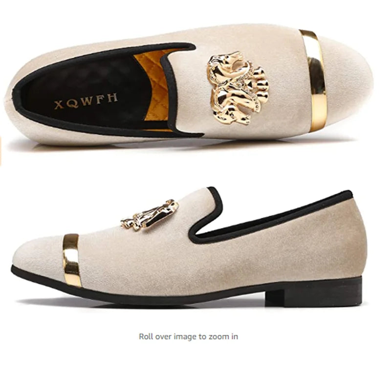 Visco Men Party Dinner Formal Shoes Fashion Gentleman Wedding Dress Shoes for Men Casual Shoes Beige Velvet Loafers