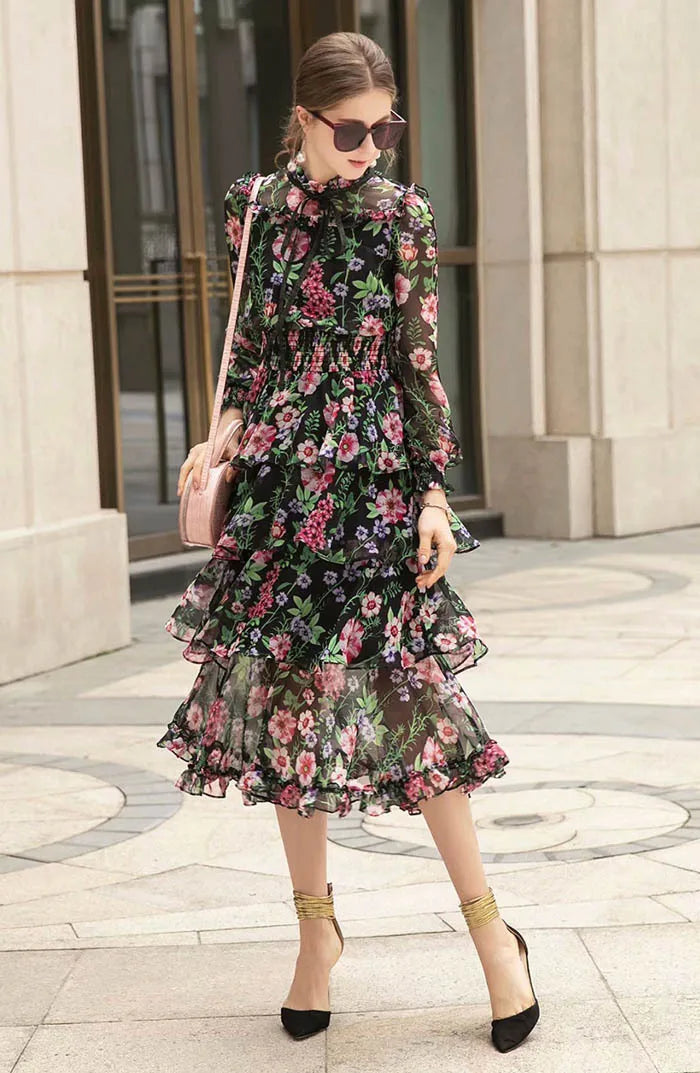 Babs Spring Summer Elegant Silk Dresses for Women Long Sleeve Floral Dress Korean Fashion Clothes Vestidos Pph4204