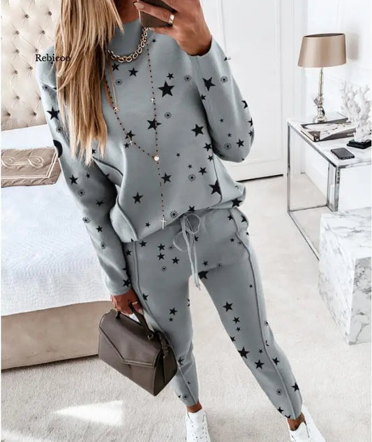 Babs New sports suit women's star print top + pants suit casual fashion trend two-piece suit