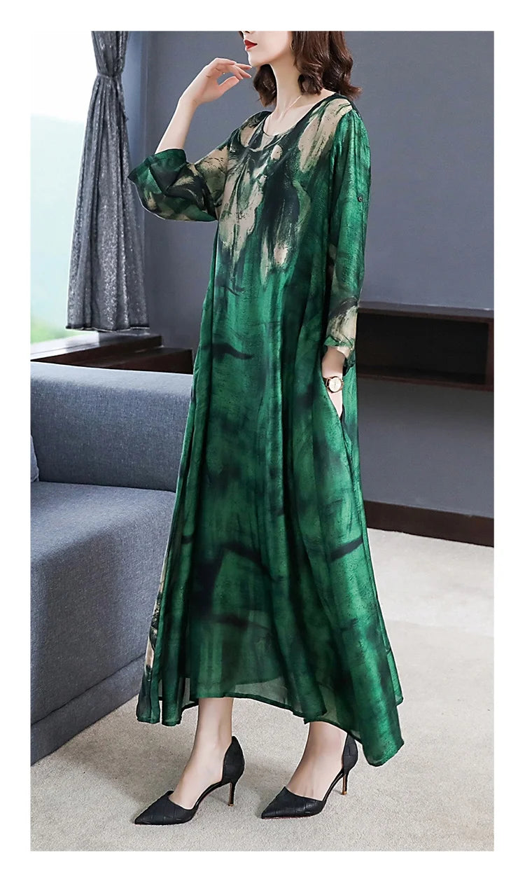 Maxy 2024 Loose Casual Print Mulberry Silk Dress Spring Summer Vintage 4XL Plus Size Dress Elegant Women Bodycon Party dress