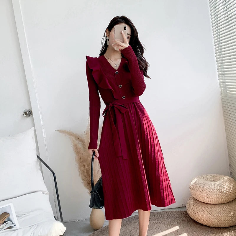 Gacy Women Sweater Dress Winter V-Neck Long Knit Long Sleeves Elastic Pleated Knitted Warm Vestidos