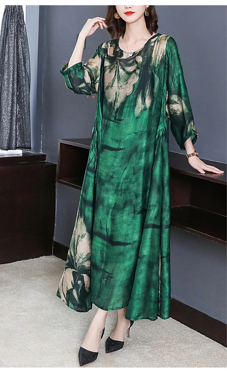 Maxy 2024 Loose Casual Print Mulberry Silk Dress Spring Summer Vintage 4XL Plus Size Dress Elegant Women Bodycon Party dress