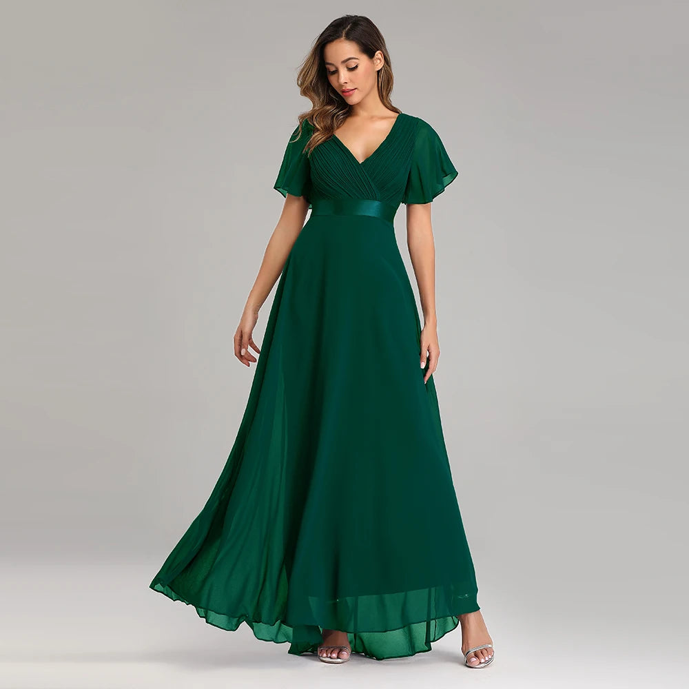 Maxy Evening Dresses XUCTHHC Elegant V-Neck Ruffles Chiffon Formal Evening Gown Robe Dress for Wedding Party