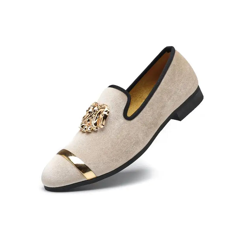 Visco Men Party Dinner Formal Shoes Fashion Gentleman Wedding Dress Shoes for Men Casual Shoes Beige Velvet Loafers