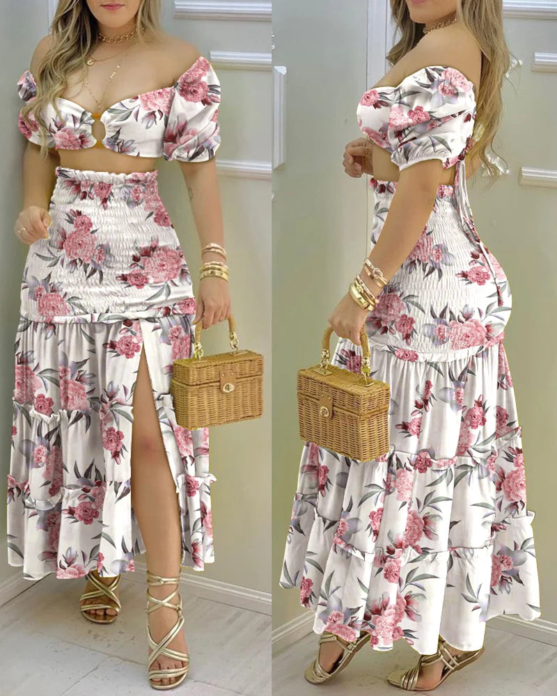 Summer Fashion Holiday Floral Print O Neck Crop Top Shirr +Slit High Waist Women Maxi Skirt Sets 2022 Female Fashion New