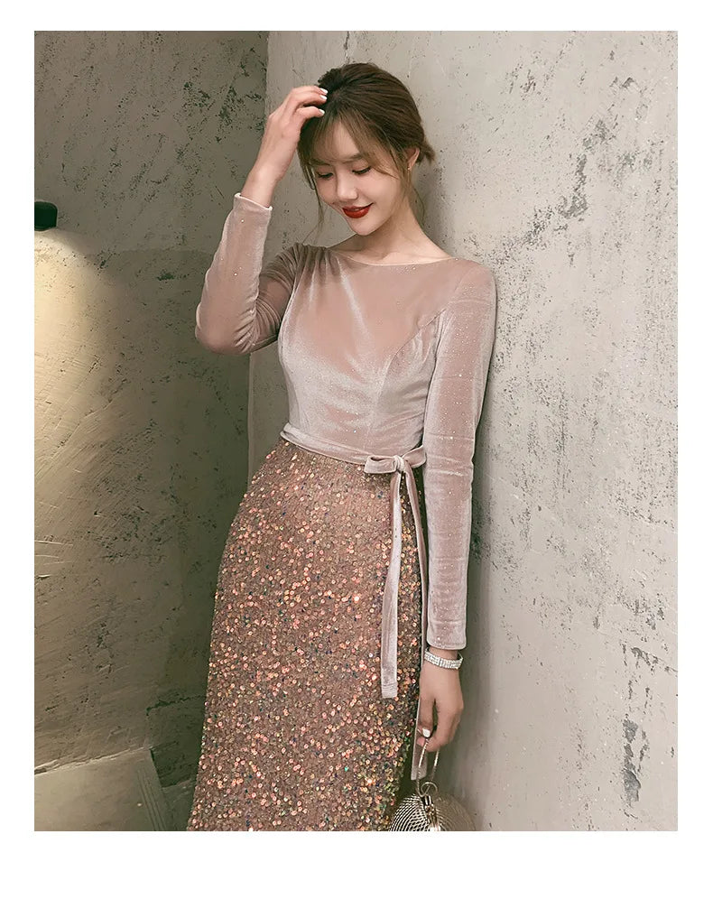 Women Sexy Trumpet Club Wear Sequnied O-Neck Sexy Party Gowns Floor-Length Appliques Knitting Beading Elegant Evening Dress