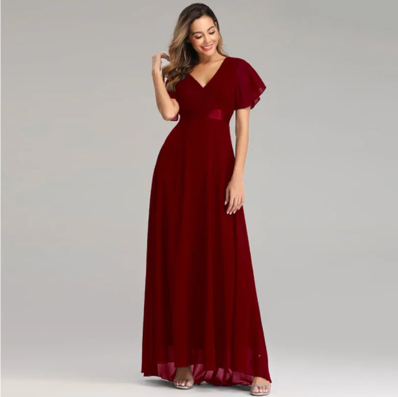 Maxy Evening Dresses XUCTHHC Elegant V-Neck Ruffles Chiffon Formal Evening Gown Robe Dress for Wedding Party