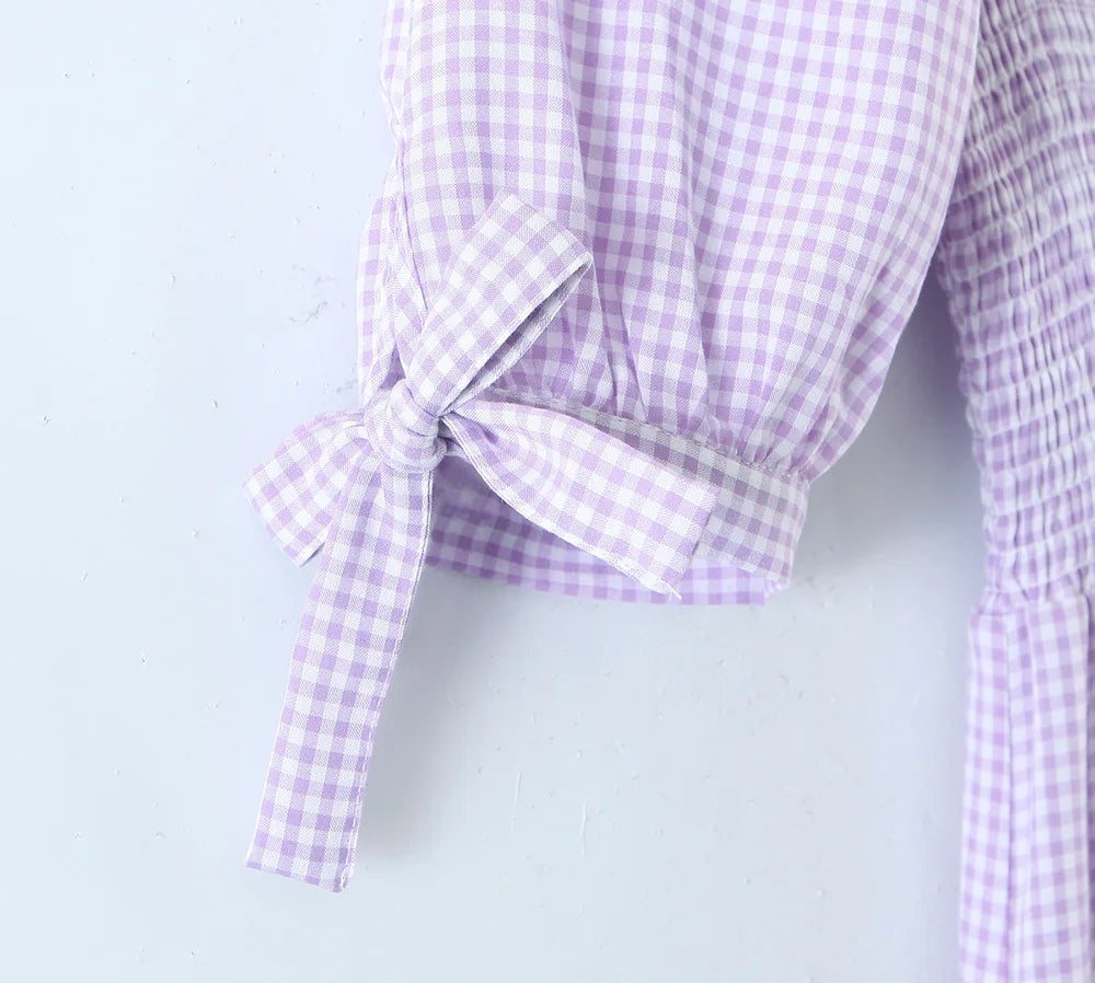 Summer Dresses For Women Short Sleeve Tie Tiered Vacation Beach Midi Dress Frill Square Neck Smocked Casual Cotton Gingham Dress