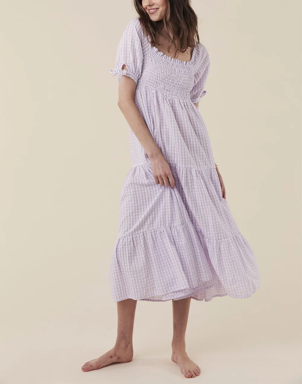 Summer Dresses For Women Short Sleeve Tie Tiered Vacation Beach Midi Dress Frill Square Neck Smocked Casual Cotton Gingham Dress