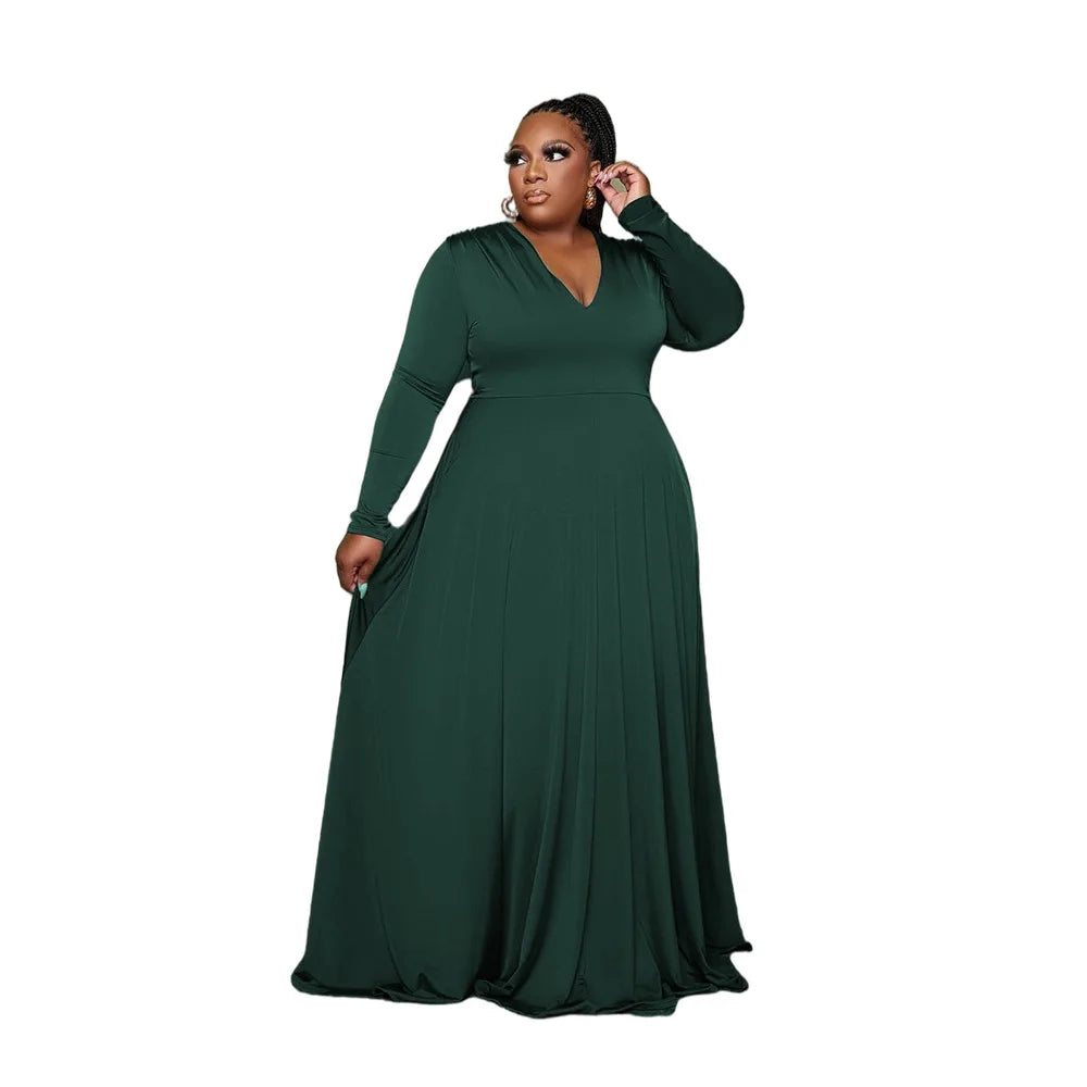Maxy Plus Size Party Dresses Women Clothing 2024 V Neck Long Sleeve Solid Loose Elegant Maxy Dresses