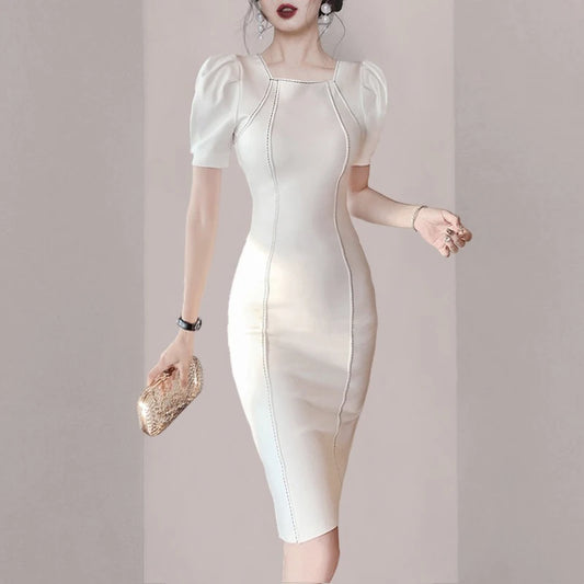 Maxy High Quality Summer Office OL Bandage Dress 2024 Elegant Women Short Puff Sleeve Square Collar White Bodycon Pencil Dress