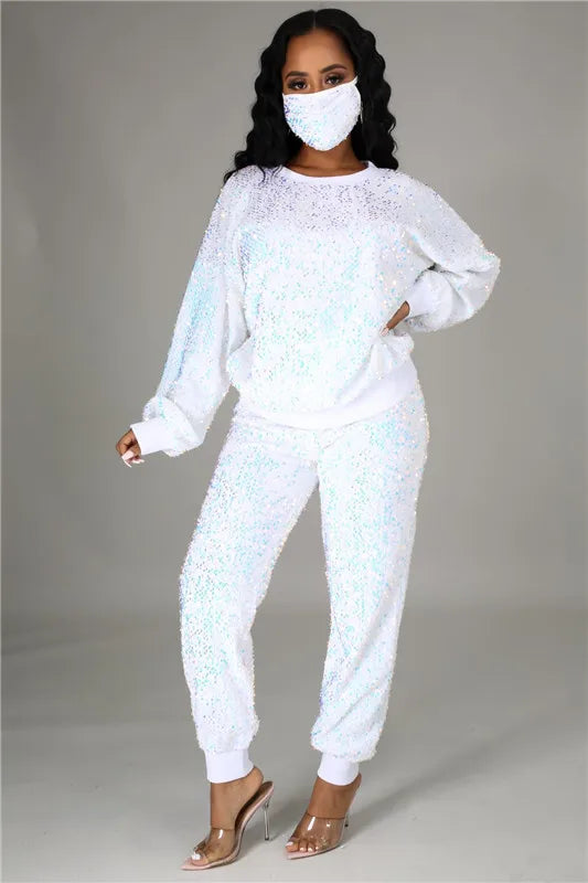 Maxy Winter Plus Size S-5XL Clothing For Women Two Piece Set Sequins Birthday Outfit Joggers Tracksuit