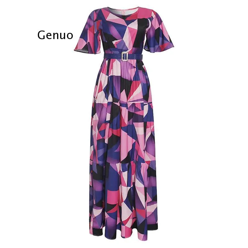 Maxy 2024 Spring Summer Women's Dress American Print Long Dresses Elegant Short Sleeve Chiffon Robe Party Gowns Lady Outfits