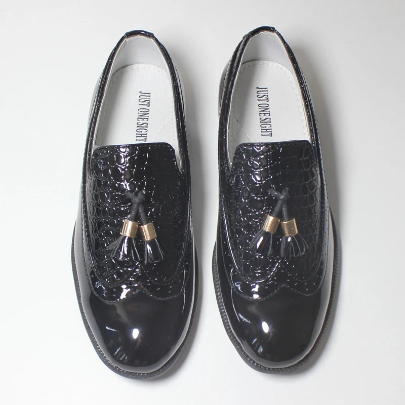 Visco Boys Leather Shoes Kids Formal Shoes For Party Wedding Dress Black Patent Leather Slip on Round Toes Tassel Performance Oxfords