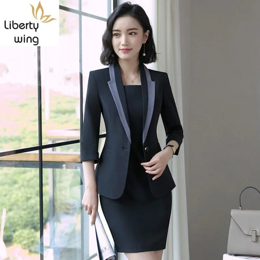 Babs Hot Sale Korean Slim Fit Half Sleeve Blazer Coat Sleeveless Dress 2 Pieces Set Business Office Lady Suits Plus Size S-4XL