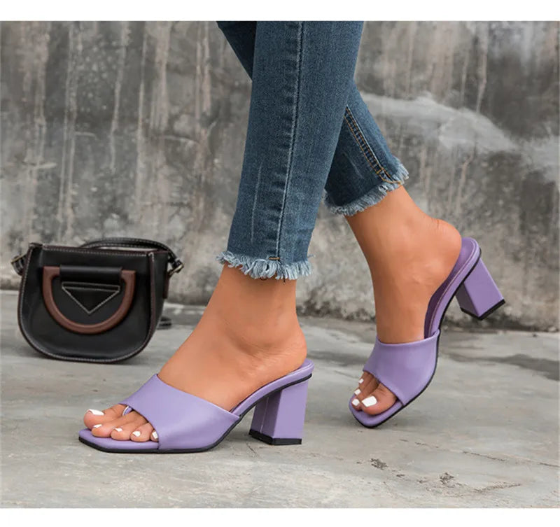 Macy Purple Slipper Summer Outdoor Sandal Women Square High Heel Beach Slip on Flip Flop Slides Size