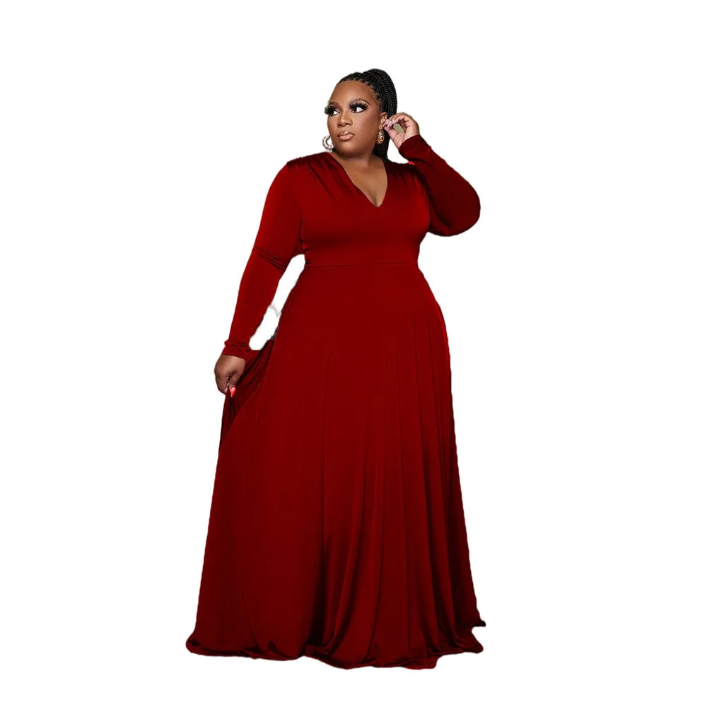 Maxy Plus Size Party Dresses Women Clothing 2024 V Neck Long Sleeve Solid Loose Elegant Maxy Dresses