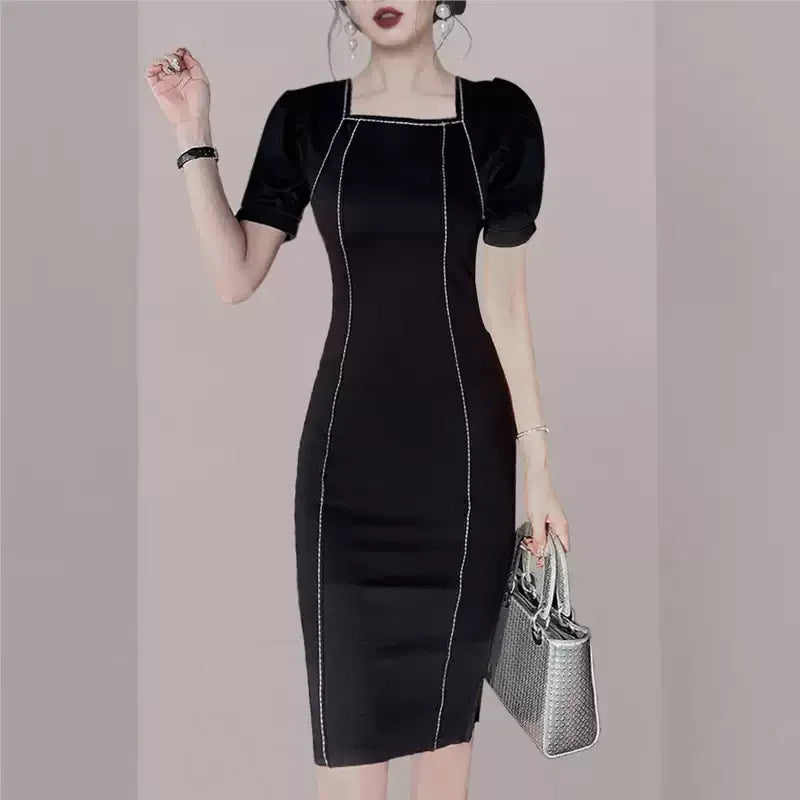 Maxy High Quality Summer Office OL Bandage Dress 2024 Elegant Women Short Puff Sleeve Square Collar White Bodycon Pencil Dress