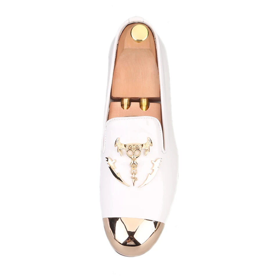 Maxy Pierite Metal Toe and Metal Skull buckle Men casual shoes party and wedding men's loafers Patent leather somking slippers