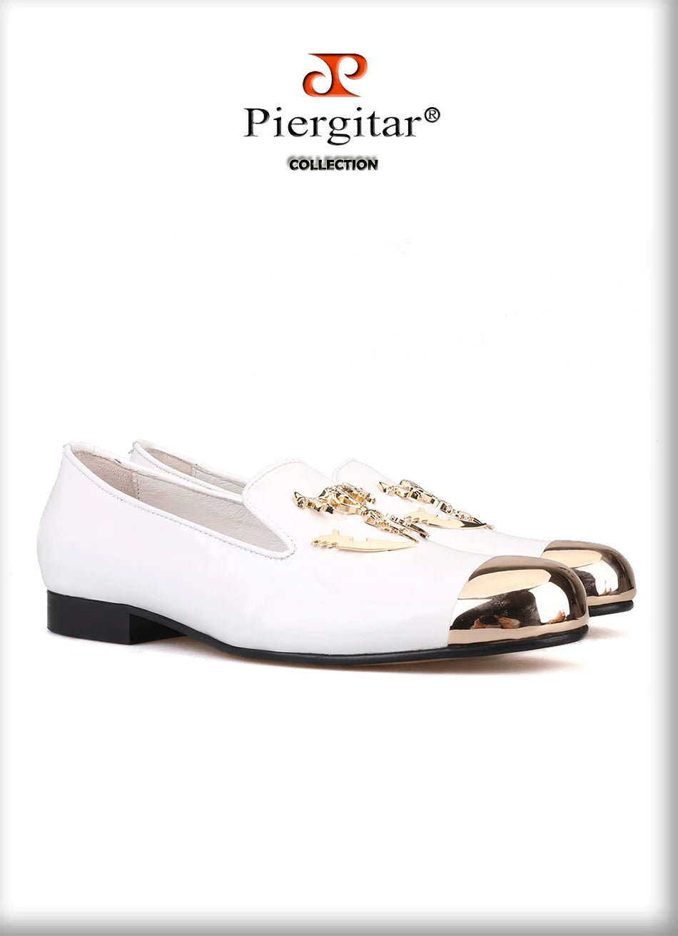 Maxy Pierite Metal Toe and Metal Skull buckle Men casual shoes party and wedding men's loafers Patent leather somking slippers