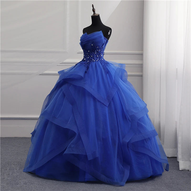 Maxy Customized Formal Evening Dresses Ball Gown Elegant Blue White Strapless Sleeveless Priness Evening Dresses for party New Design