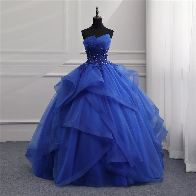 Maxy Customized Formal Evening Dresses Ball Gown Elegant Blue White Strapless Sleeveless Priness Evening Dresses for party New Design