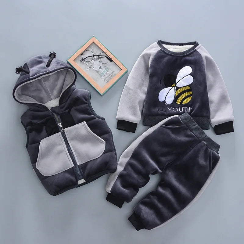 Babs Winter 3pcs Kids Thickening Hooded Vest Sweater Pant Sport Suits Baby Boys And Girls Warm Cartoon Outfit Children Clothing