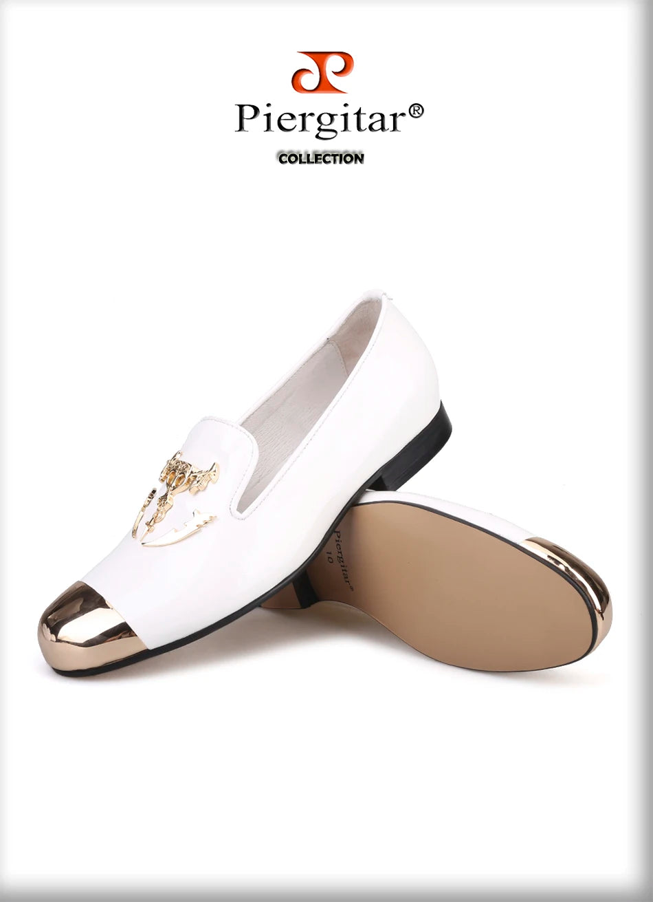 Maxy Pierite Metal Toe and Metal Skull buckle Men casual shoes party and wedding men's loafers Patent leather somking slippers