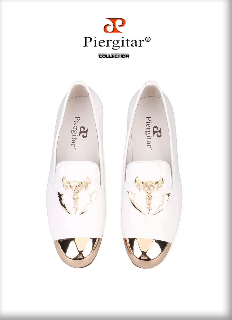 Maxy Pierite Metal Toe and Metal Skull buckle Men casual shoes party and wedding men's loafers Patent leather somking slippers