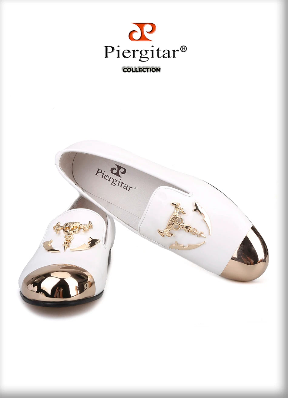 Maxy Pierite Metal Toe and Metal Skull buckle Men casual shoes party and wedding men's loafers Patent leather somking slippers