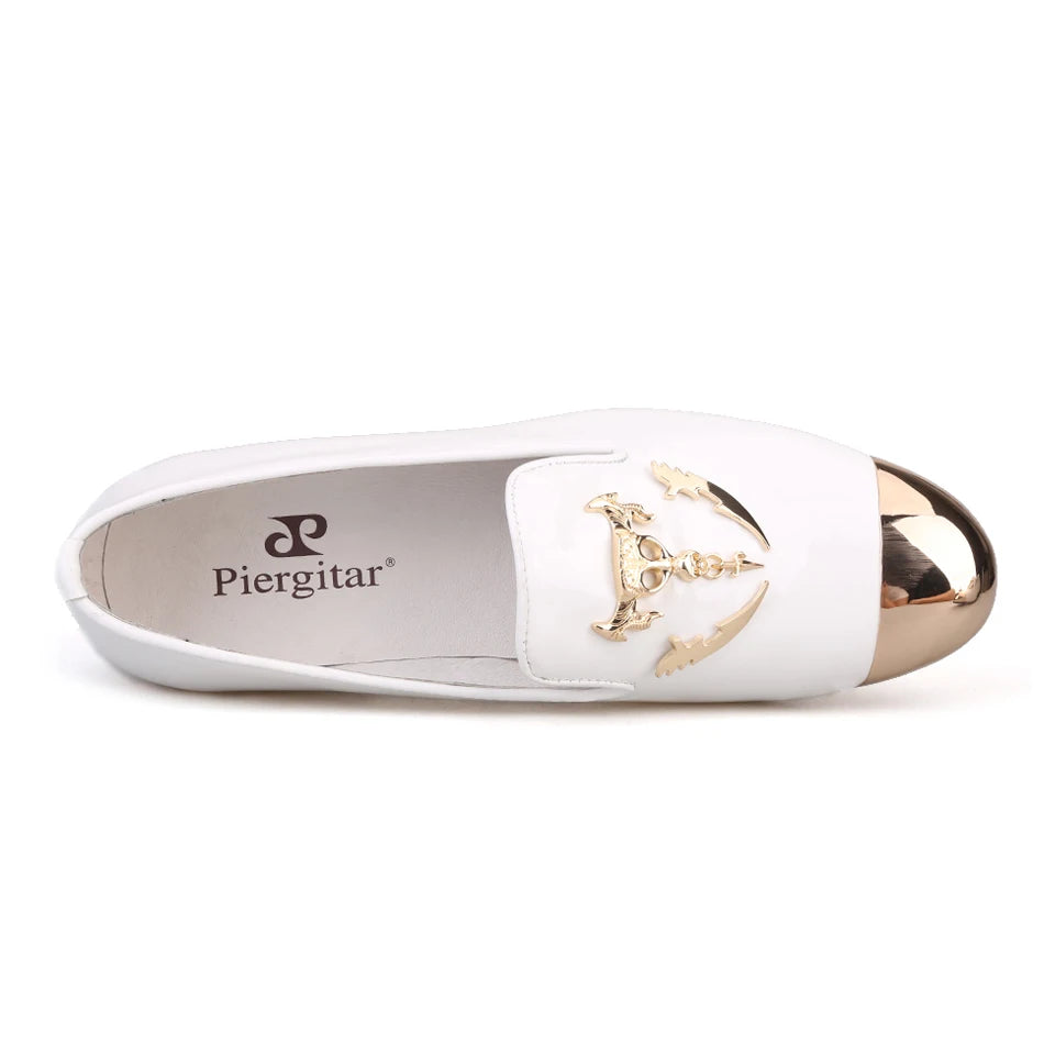 Maxy Pierite Metal Toe and Metal Skull buckle Men casual shoes party and wedding men's loafers Patent leather somking slippers
