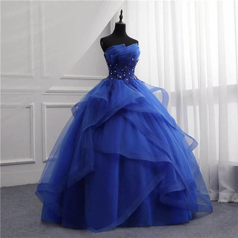 Maxy Customized Formal Evening Dresses Ball Gown Elegant Blue White Strapless Sleeveless Priness Evening Dresses for party New Design